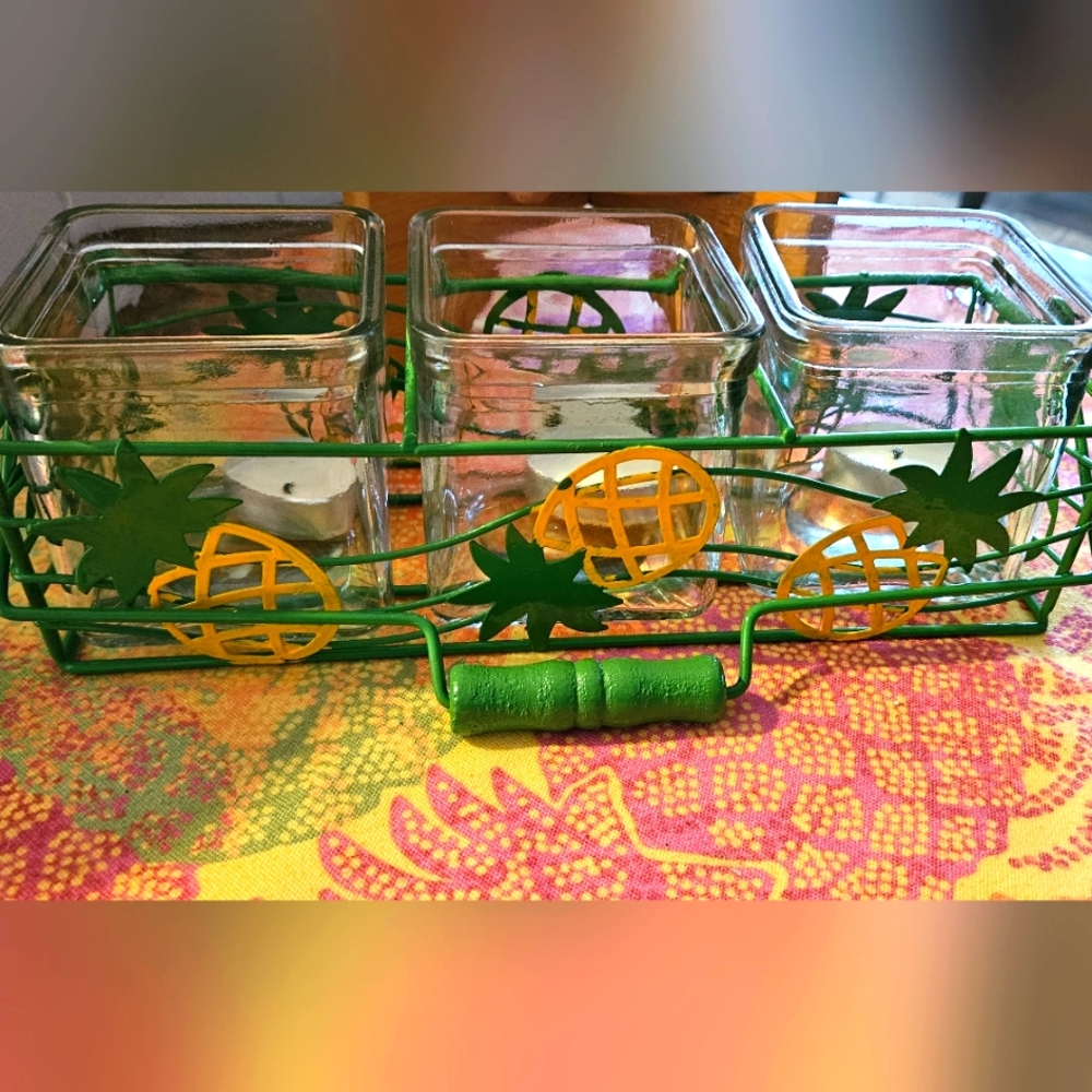 Vintage green metal pineapple candle holder with 3glass square tea candle holder
